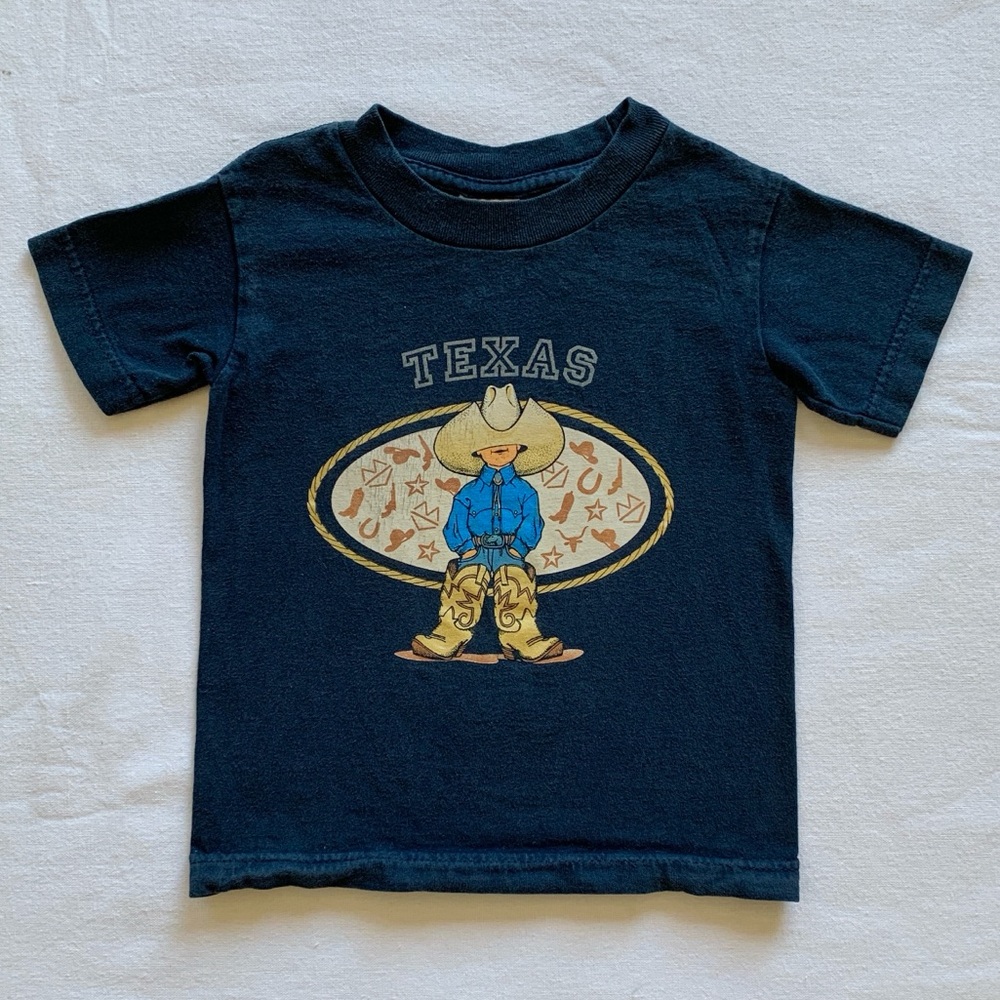 Vintage Graphic Tee 100% Cotton Boys Navy T-Shirt with Texas Cowboy Print XS 2-4
